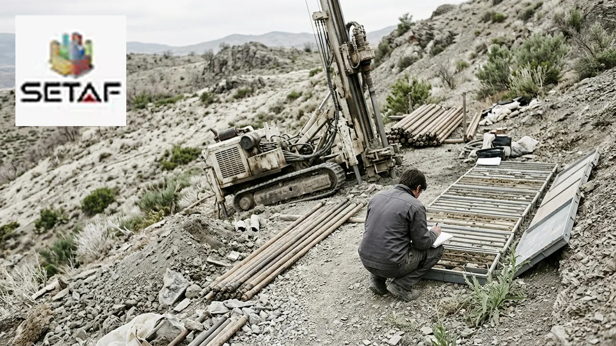 3D Geotechnical Model Input: a drilling rig on a sloping site with an engineer logging core samples laid out in boxes