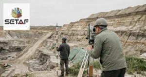 3D Geotechnical Modelling: two engineers surveying a stepped excavation with a total station, exposed layered soil face behind them