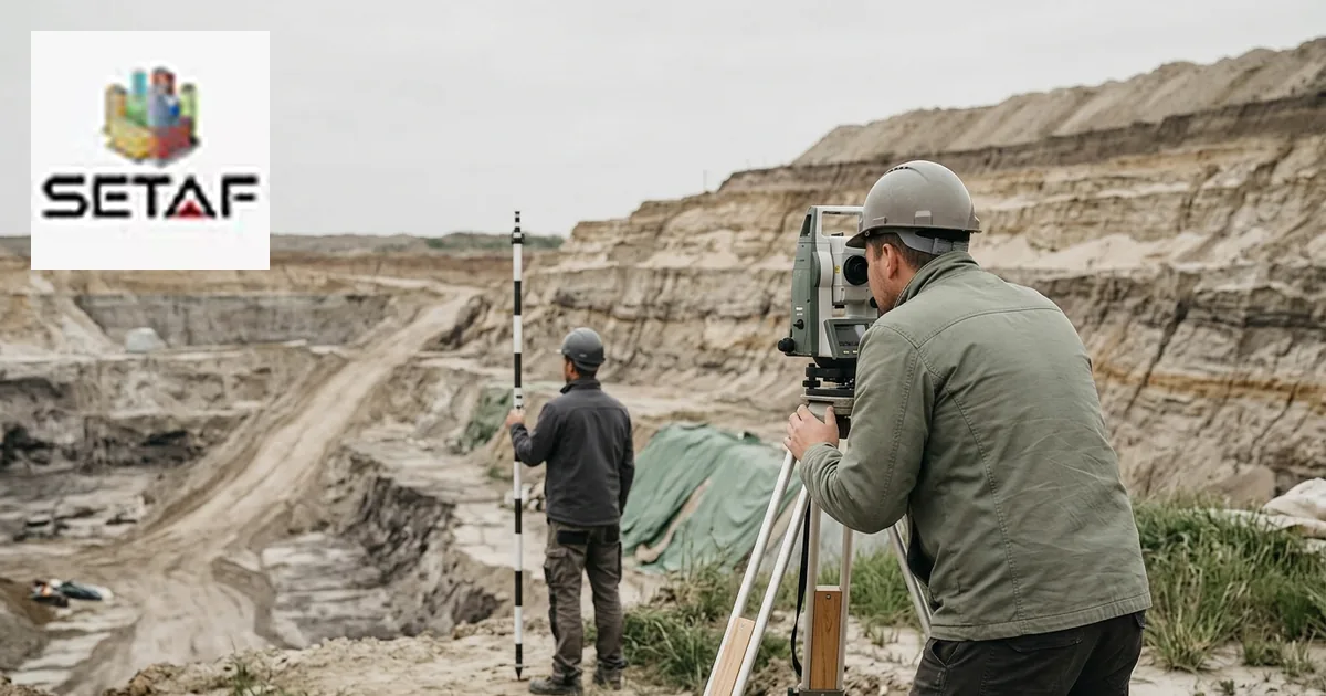 3D Geotechnical Modelling: two engineers surveying a stepped excavation with a total station, exposed layered soil face behind them