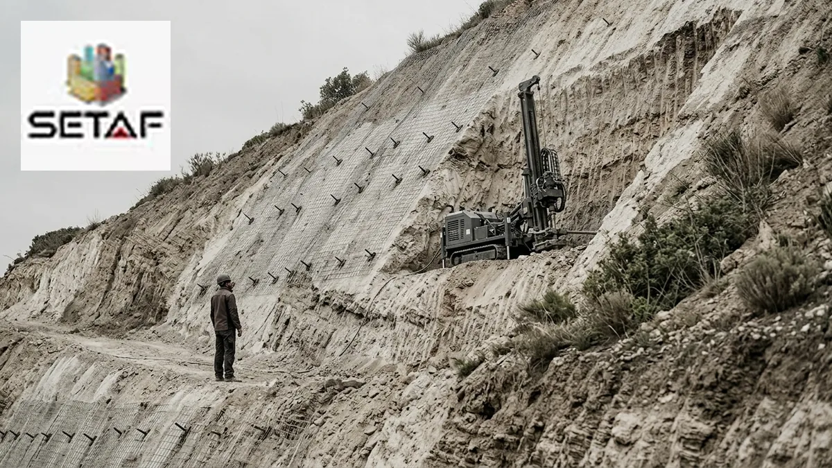 Slope Stabilisation: a steep cut face being stabilised with soil nails and steel mesh from a working bench
