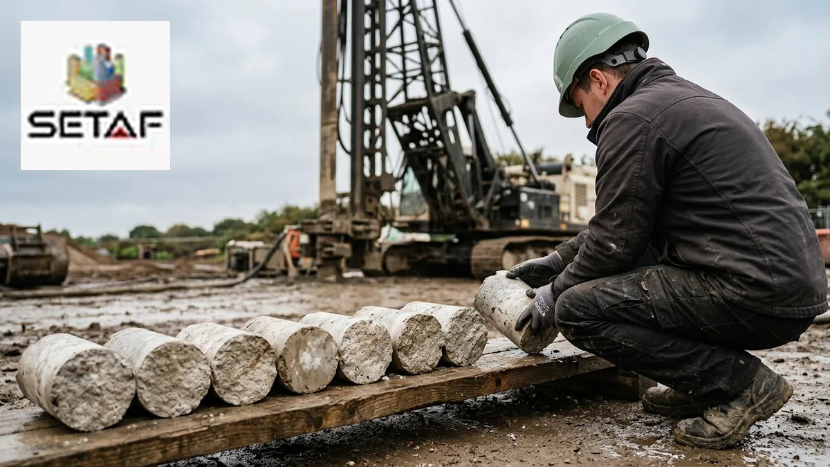 Column Verification: cored samples of a treated soil-cement column laid out on site while an engineer examines one