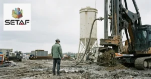 Deep Soil Mixing: a mixing rig with a large auger head working on a ground improvement site beside a binder silo