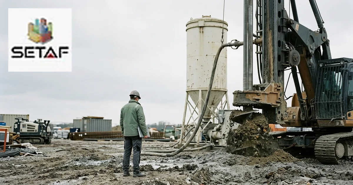 Deep Soil Mixing: a mixing rig with a large auger head working on a ground improvement site beside a binder silo