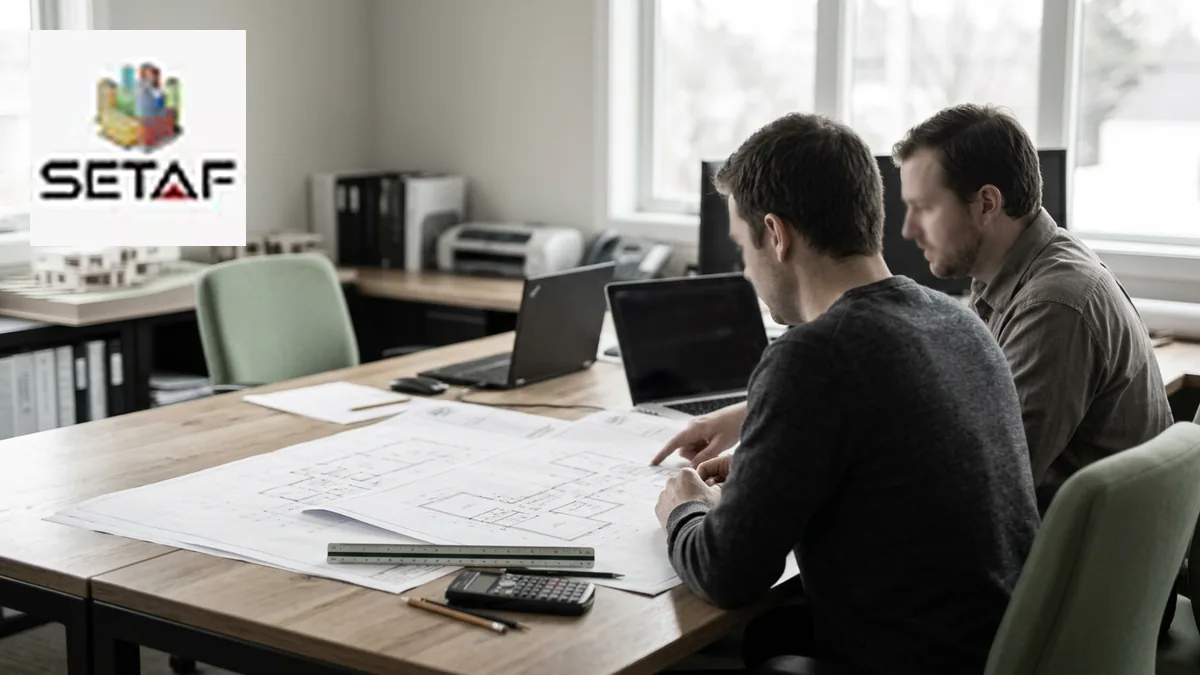 Foundation Design Software Evaluation: two engineers at a desk comparing printed foundation layout drawings
