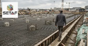 Foundation Design Software: an engineer walking along the edge of a large raft foundation reinforcement mat with bored pile heads projecting through it