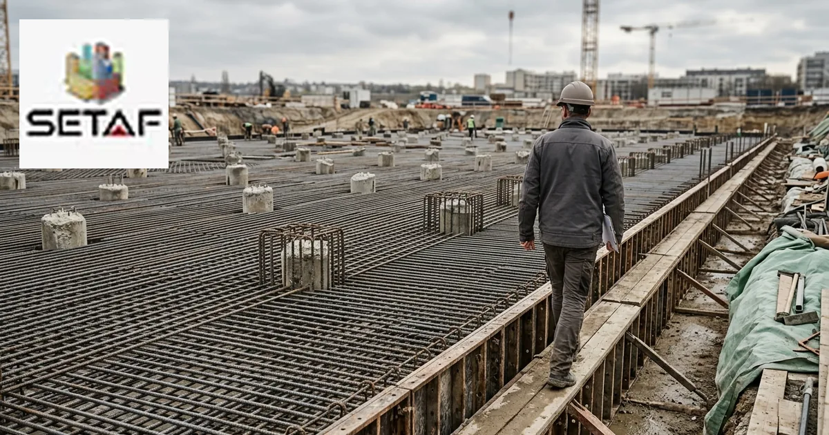 Foundation Design Software: an engineer walking along the edge of a large raft foundation reinforcement mat with bored pile heads projecting through it