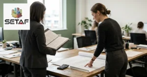 Geotechnical Calculation Report Review: two engineers checking a printed calculation set against design drawings in an office