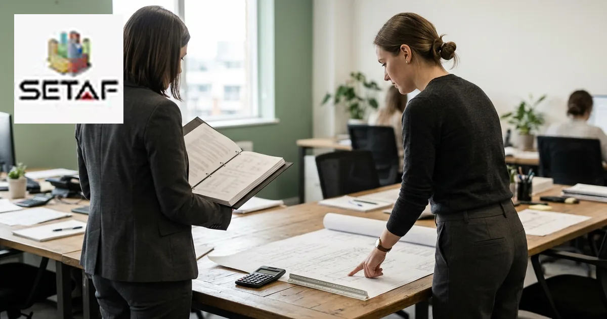 Geotechnical Calculation Report Review: two engineers checking a printed calculation set against design drawings in an office