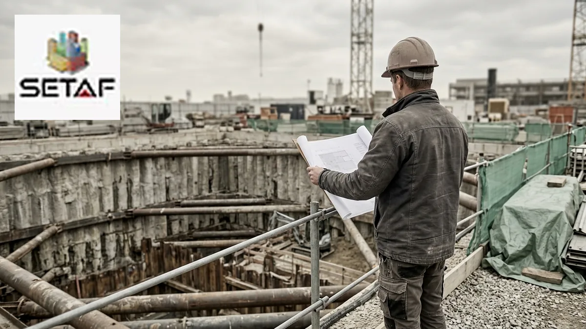 Geotechnical Drawing Check on Site: a site engineer comparing a drawing sheet against a braced excavation with steel struts and a bored pile wall