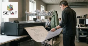 Geotechnical Drawings Production: an engineer checking a wide technical drawing sheet emerging from a large-format plotter in a design office