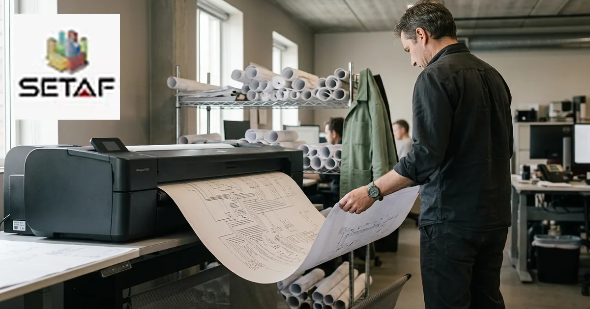 Geotechnical Drawings Production: an engineer checking a wide technical drawing sheet emerging from a large-format plotter in a design office