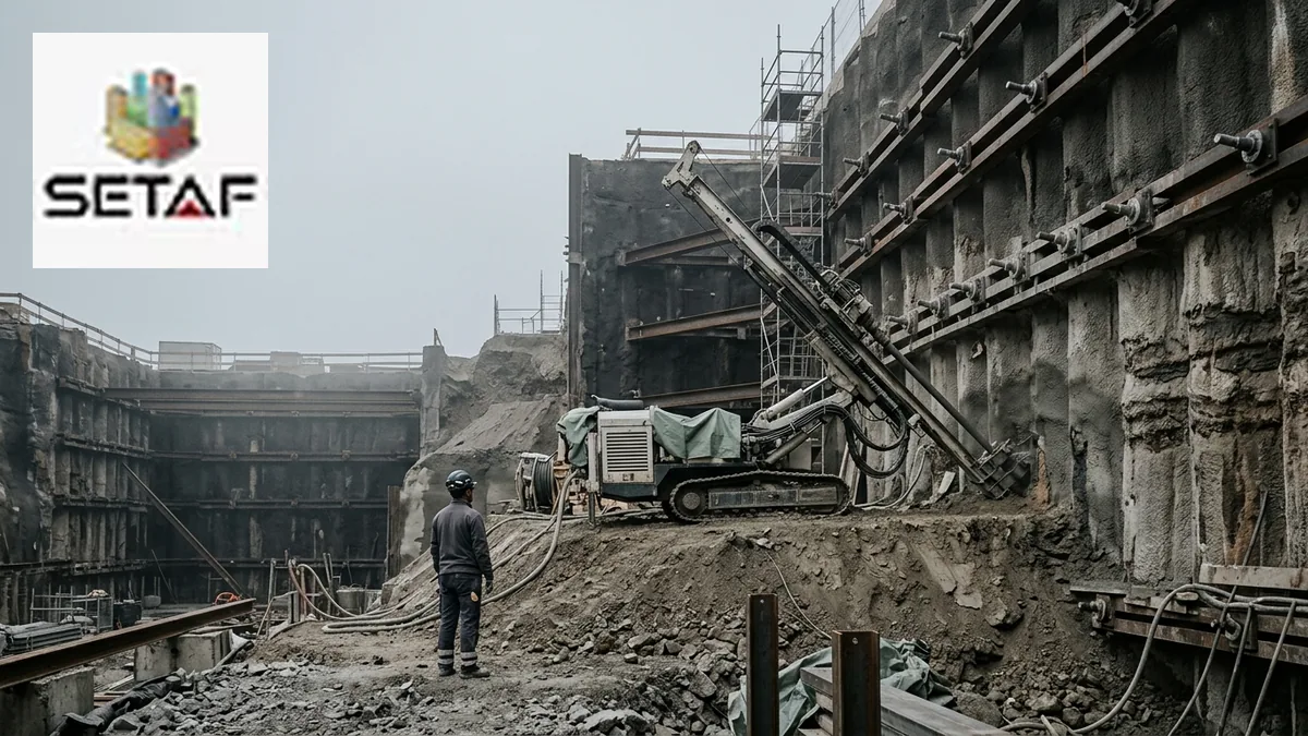 Staged Excavation: an anchor drilling rig working from an intermediate berm inside a deep excavation with the upper anchor row already installed