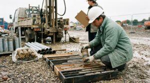Geotechnical Report — engineers logging soil core samples beside a drilling rig during ground investigation